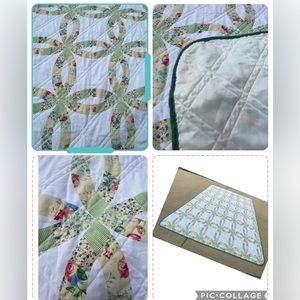 Vintage Quilt Queen Double wedding ring quilt, 85” x 85”, boho cottagecore